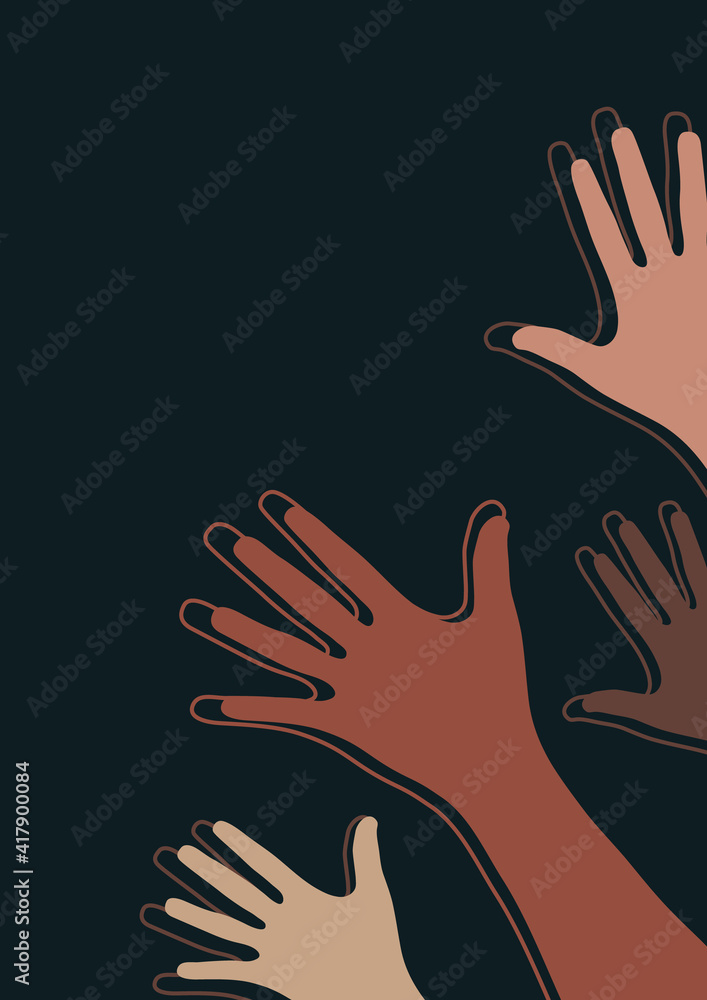 Fototapeta premium Raised hands, open palms. The concept of charity, volunteering, love, kindness, equality, racial and social issues. Vector illustration