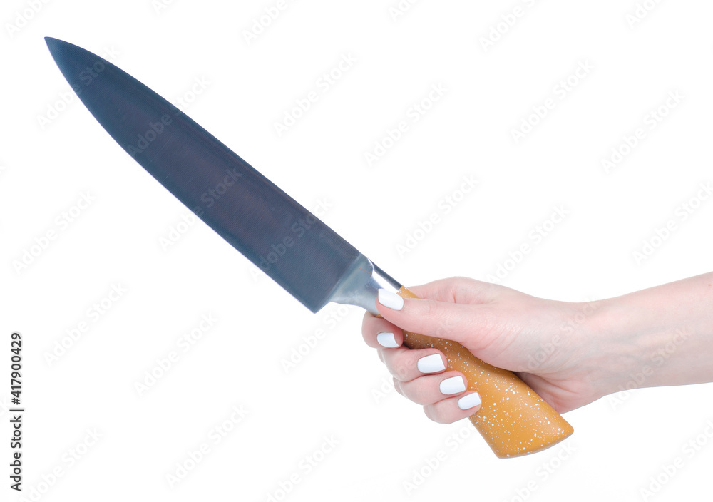 Kitchen brown knife in hand on white background isolation Kitchen brown knife in hand on white background isolation