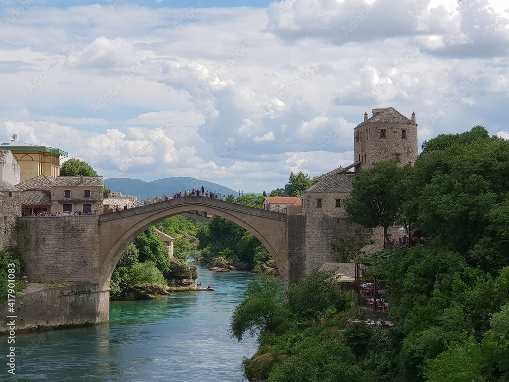 Neretva river and famous bridge stari most in Mostar, Bosnia-Herzegowina