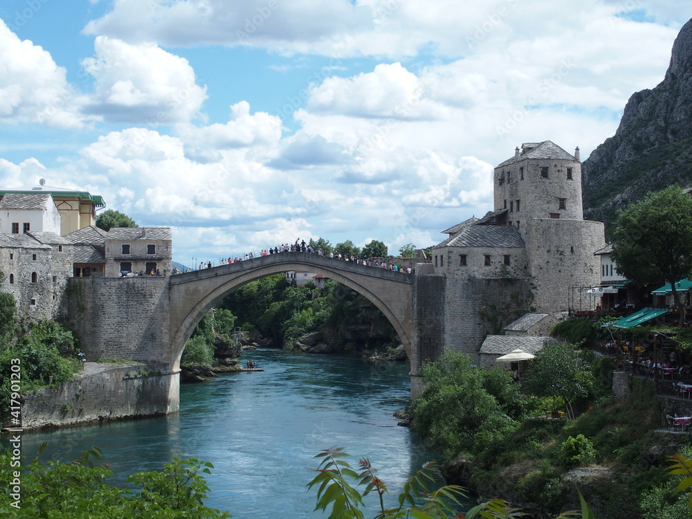 Neretva river and famous bridge stari most in Mostar, Bosnia-Herzegowina