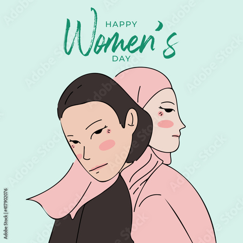 Two women standing and embracing together. Cartoon characters vector illustration of Women's friendship or sisterhood. The concept of women's day campaign