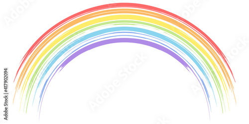 The rainbow is drawn in the style of a dry brush. A seven-color rainbow, a real child's rainbow. For children's rooms, toys, prints, etc. Isolated on a white background