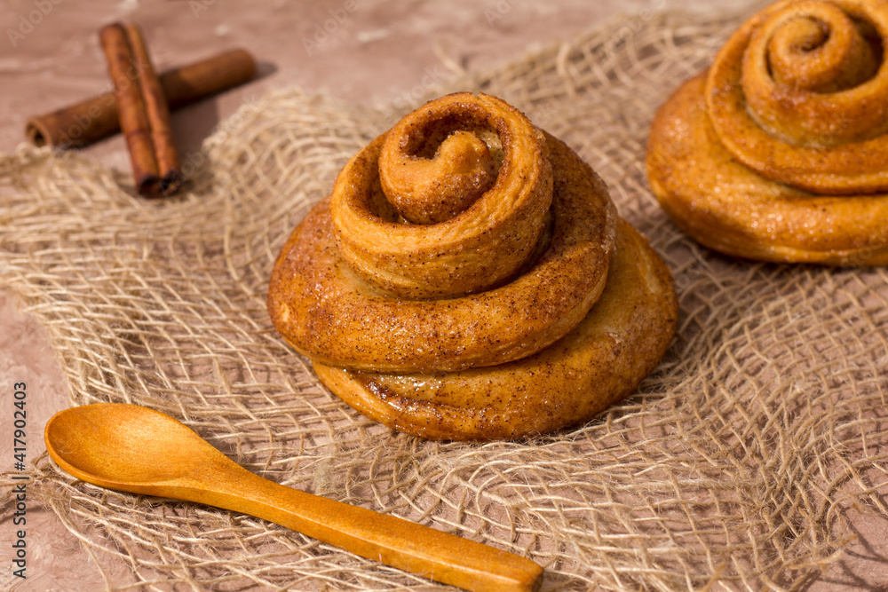 Freshly baked cinnamon bun stuffed with spices and cocoa . Sweet homemade cakes. Freshly baked cinnamon bun stuffed with spices and cocoa . Sweet homemade cakes.