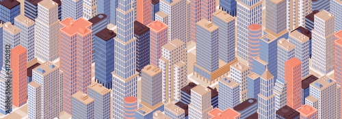 Isometric panoramic city centre, cityscape, city skyline. Vector illustration in flat design.
