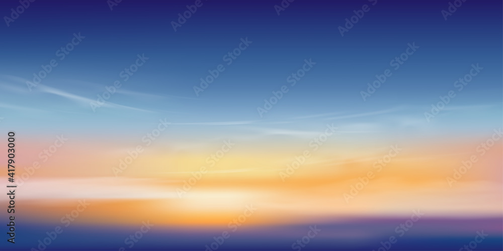 Sunset sky in evening with orange, yellow and purple colour, Dramatic twilight landscape with dark blue sky,Vector mesh horizon banner of sunrise for Spring or Summer background, Panorama natural