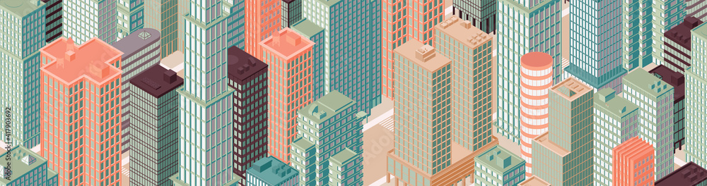 Isometric panoramic city centre, cityscape, city skyline. Vector illustration in flat design.