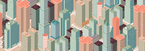 Isometric panoramic city centre, cityscape, city skyline. Vector illustration in flat design.