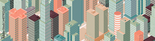 Isometric panoramic city centre, cityscape, city skyline. Vector illustration in flat design.