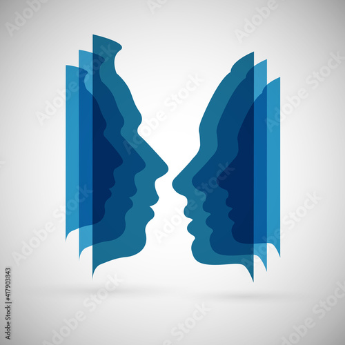 The concept of male and female psychology. Icons silhouette profile of a man with a head combine two elements of human nature of yin and yang. Vector EPS 10 for psychological page cover book, magazine