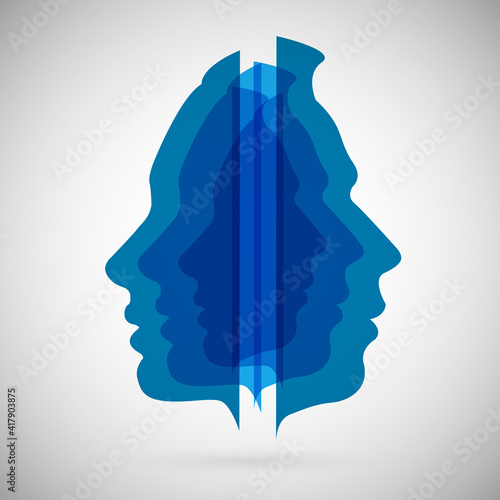 The concept of male and female psychology. Icons silhouette profile of a man with a head combine two elements of human nature of yin and yang. Vector EPS 10 for psychological page cover book, magazine