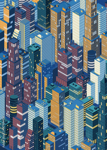 Isometric panoramic city centre, cityscape, city skyline. Vector illustration in flat design.
