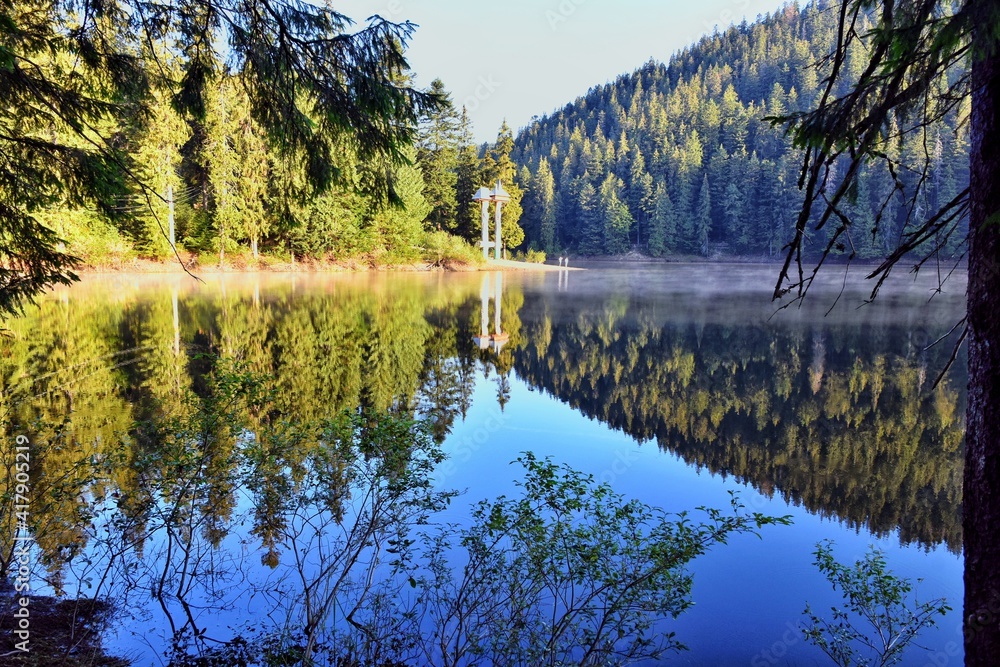 Beautiful Ukrainian lake Synevyr in Carpathians Mountains. Sinevir lake among fir trees. Trees are reflected in the clear water of Synevyr lake