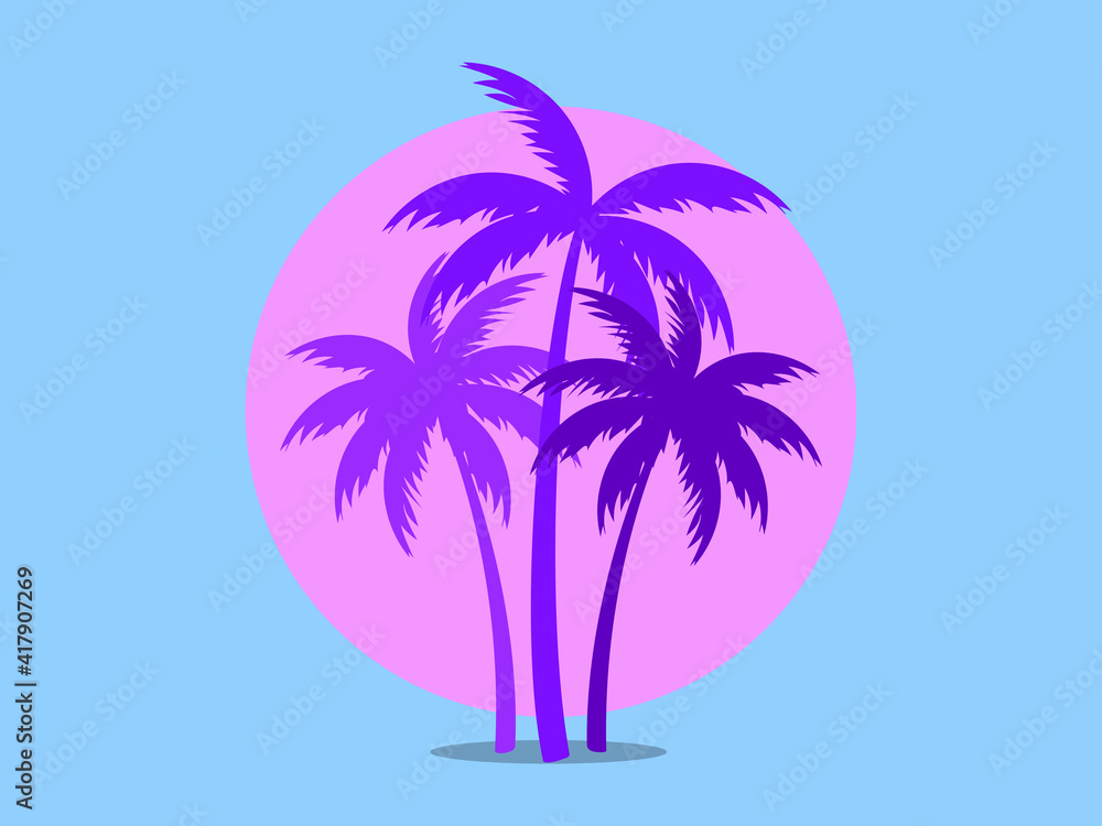 Palm trees against a pink sun in the style of the 80s. Synthwave and 80s style retrowave. Design for advertising brochures, banners, posters, travel agencies. Vector illustration
