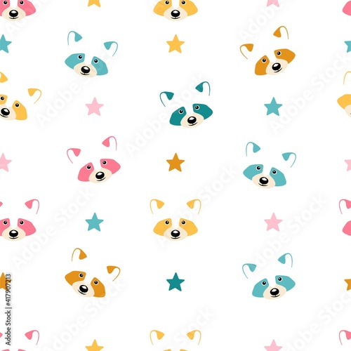 Cute colorful raccoon with stars.Beautiful seamless background with raccoon. Trendy baby shower texture with raccoons.  © Мария Архипова