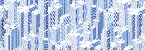 Isometric panoramic city centre, cityscape, city skyline. Vector illustration in flat design.