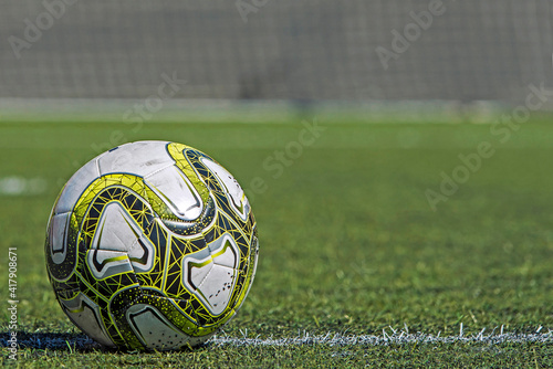 Quadro em tela Soccer ball on the artificial grass.