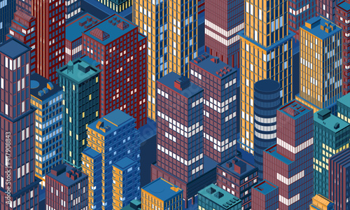 Isometric city centre, cityscape, city skyline. Vector illustration in flat design.
