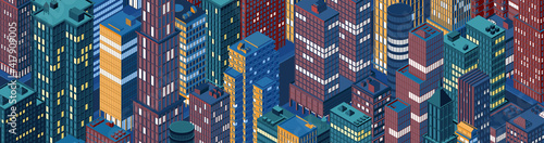 Isometric city centre, cityscape, city skyline. Vector illustration in flat design.