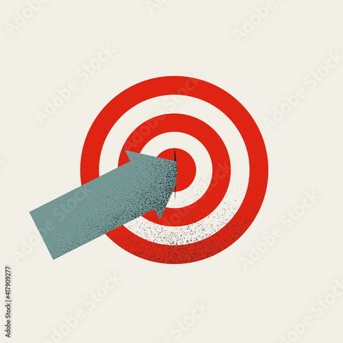 Business target, goal, objective achievement vector concept. Arrow hits bullseye. Symbol of success, precision.
