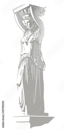 Figure of a caryatid. A woman with raised hands holds a fragment of the building gable on her head. Styling a Greek statue. Illustration.