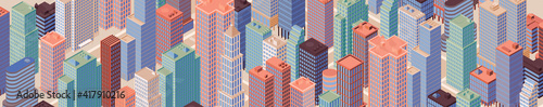 Isometric city centre, cityscape, city skyline. Vector illustration in flat design.