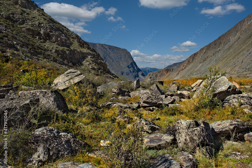 Russia. The South Of Western Siberia, The Altai Mountains. The valley of the Chulyshman River at the foot of the Katu-Yaryk pass.