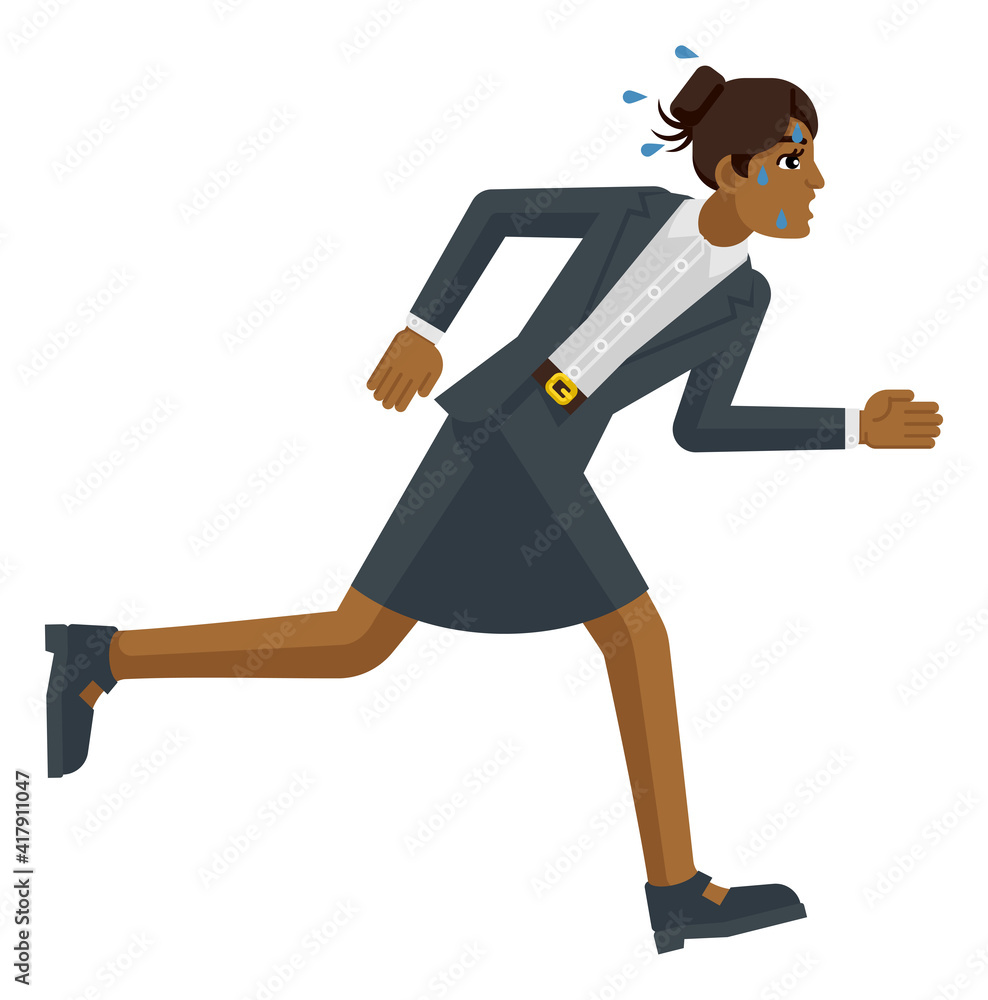 A stressed and tired looking businesswoman running as fast as she can to keep up with her workload or compete. Business concept illustration in flat modern cartoon style A stressed and tired looking businesswoman running as fast as she can to keep up with her workload or compete. Business concept illustration in flat modern cartoon style