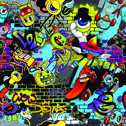 Abstract seamless comics monsters pattern. Colorful dude character repat print. Grunge street art repeated ornament.