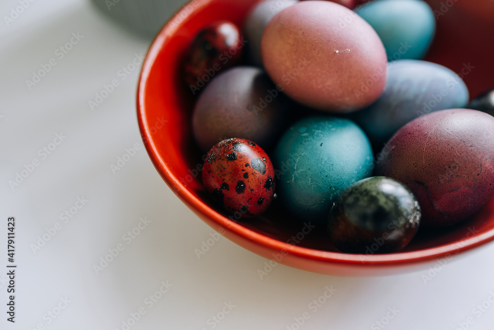 Easter eggs in a red plate Easter eggs in a red plate