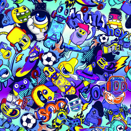 Abstract seamless comics monsters pattern. Colorful dude character repat print. Grunge street art repeated ornament.