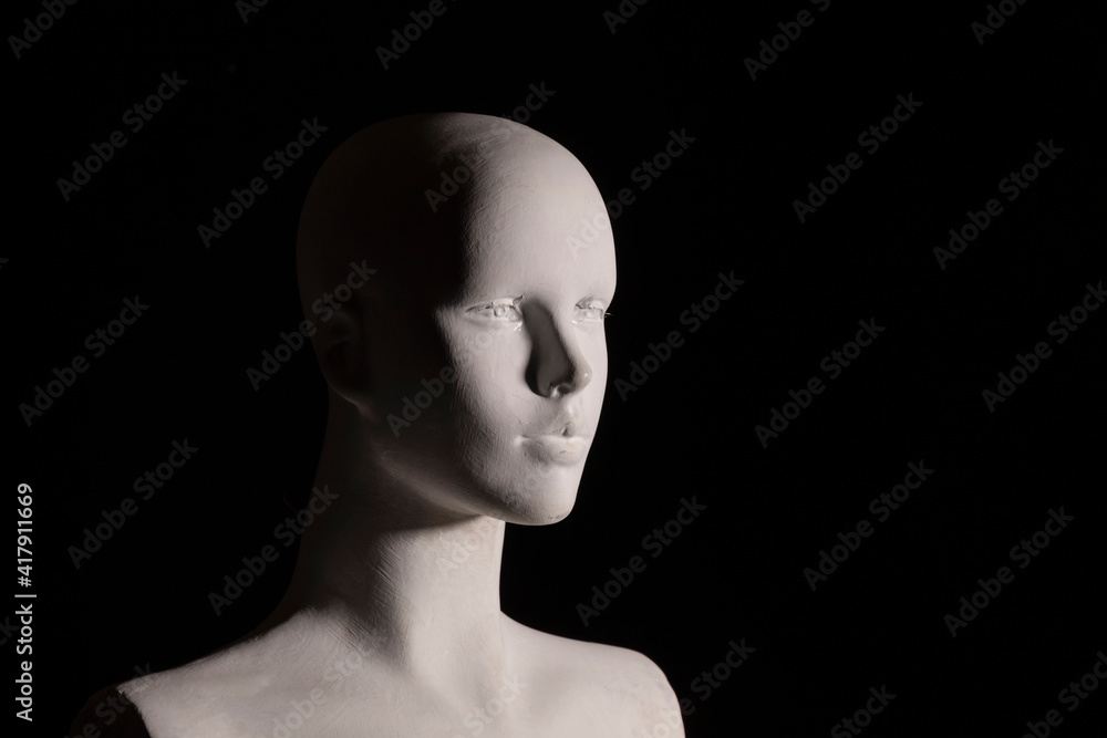 A White female manikin portrait with black background. Arts, anatomy and photography concept