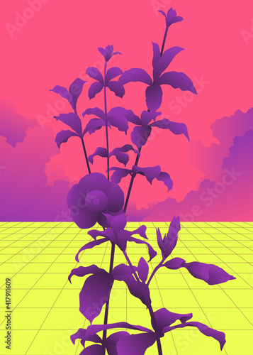 Surreal tropical purple flowers on purple cloud and perspective grid background, dreamy retro vintage tech nostalgic vibe