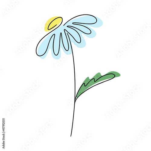 Minimalist modern daisy flower line art with colorful abstract shapes. Trendy one line drawing. Daisy contour. Camomile flower. Simple clear design. Vector illustration. Isolated on white background.