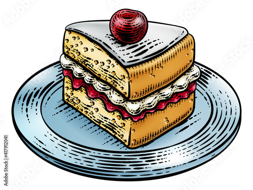 A sponge slice cake with jam and cream illustration drawing in a woodcut retro etching style.