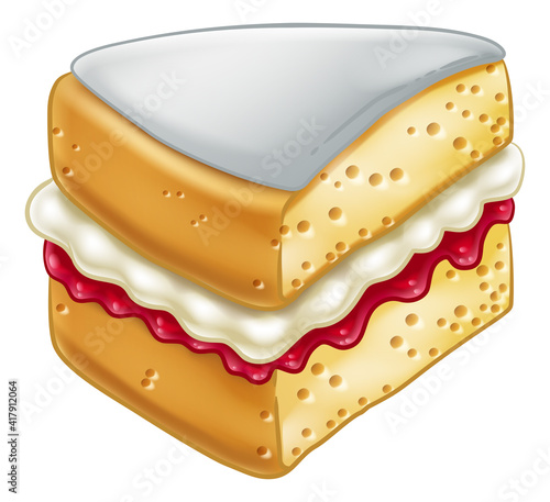 A sponge slice cake with jam and cream illustration drawing in a woodcut retro etching style.
