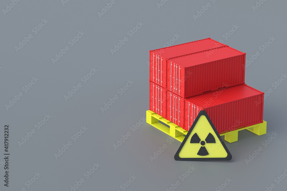 Freight container on pallet near sign of radiation. The concept of disposal of radioactive waste