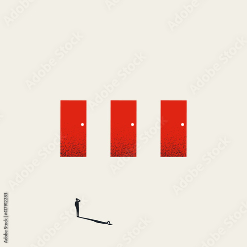 Business decision vector concept with man and doors. Symbol of opportunity, challenge, solution.