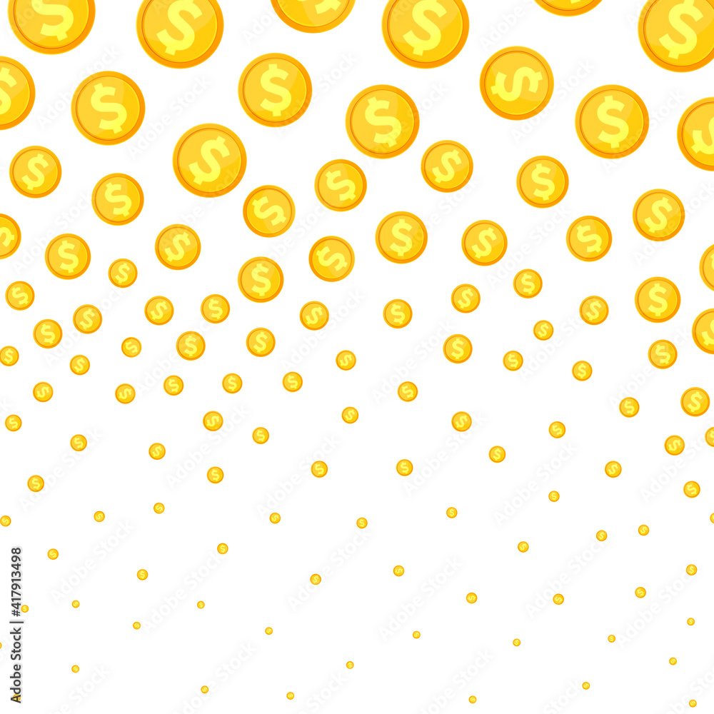 Abstract background with gold coins. Shopping banner with flying coins. Shop poster design template, landing page for online store, vector illustration Abstract background with gold coins. Shopping banner with flying coins. Shop poster design template, landing page for online store, vector illustration