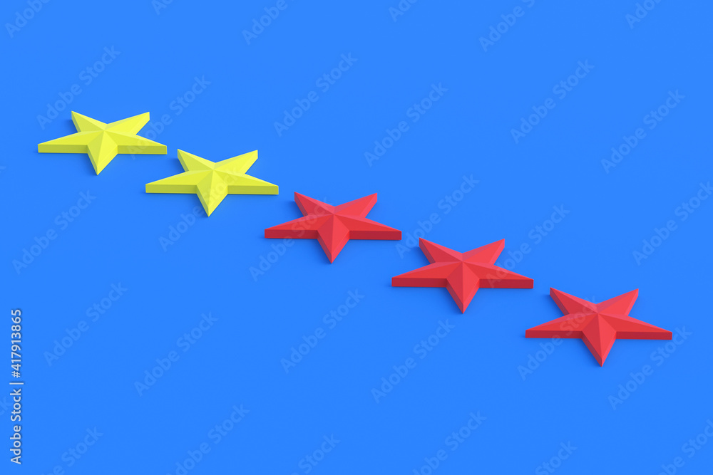 Stars yellow and red colors on blue background. Concept of low ranking. Negative feedback. Bad service quality. Product evaluation. 3d rendering Stars yellow and red colors on blue background. Concept of low ranking. Negative feedback. Bad service quality. Product evaluation. 3d rendering