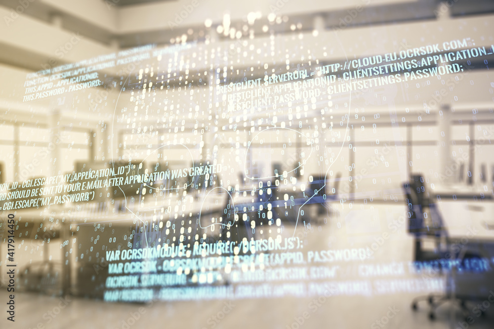 Obraz premium Double exposure of abstract virtual creative code skull hologram on modern corporate office background. Malware and cyber crime concept