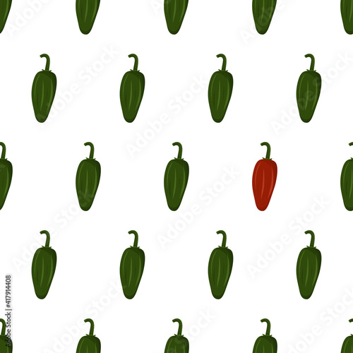 Cartoon seamless pattern for fabric design with green jalapeno. Eye catching element - red jalapeno. Colorful background.