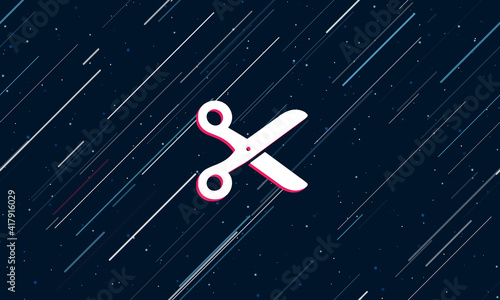 Large white scissors symbol framed in red in the center. The effect of flying through the stars. Seamless vector illustration on a dark blue background with stars and slanted lines