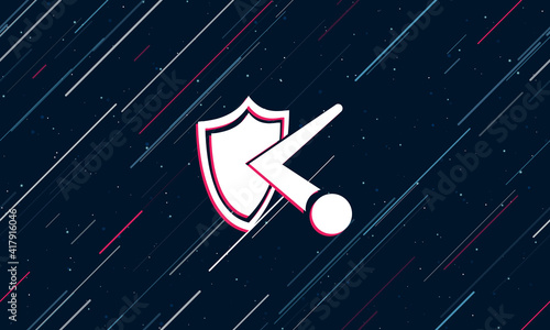 Large white ball bounces off the shield symbol framed in red in the center. The effect of flying through the stars. Seamless vector illustration on a dark blue background with stars and slanted lines