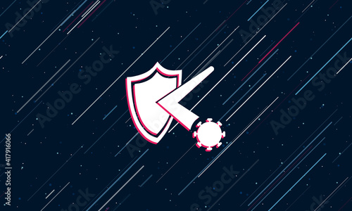 Large white virus bounces off the shield symbol framed in red in the center. The effect of flying through the stars. Seamless vector illustration on a dark blue background with stars and slanted lines