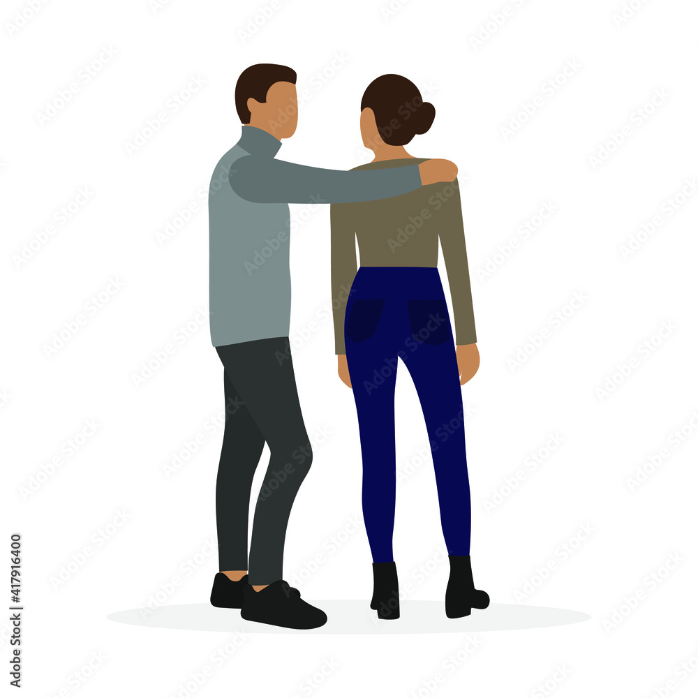 Male character hugging female character on white background Male character hugging female character on white background