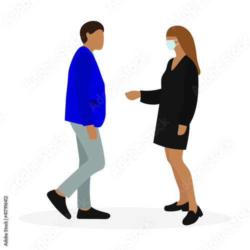 Female character in medical mask and male character without medical mask together on white background