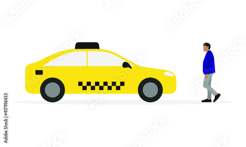 Male character and taxi on white background