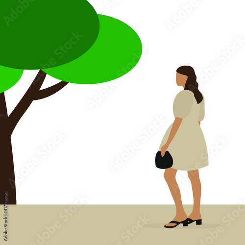 A female character in a beautiful dress and with a handbag in her hand stands near a tree