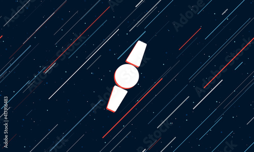 Large white wristwatch symbol framed in red in the center. The effect of flying through the stars. Seamless vector illustration on a dark blue background with stars and slanted lines