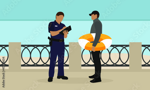 Policeman in uniform and a male character with a lifebuoy in their hands stand on the embankment